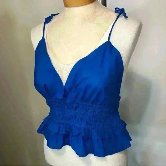 Sim & Sam Woman Cobalt Blue Crop Ruffle Tank Top Spaghetti Straps Peplum Large - Picture 3 of 15
